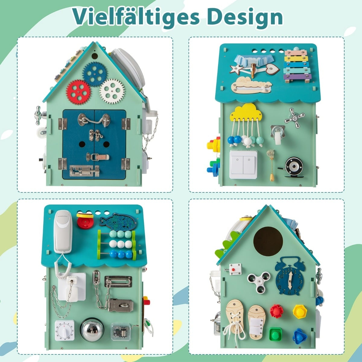 Trälekstuga med sensoriska spel och förvaring för barn