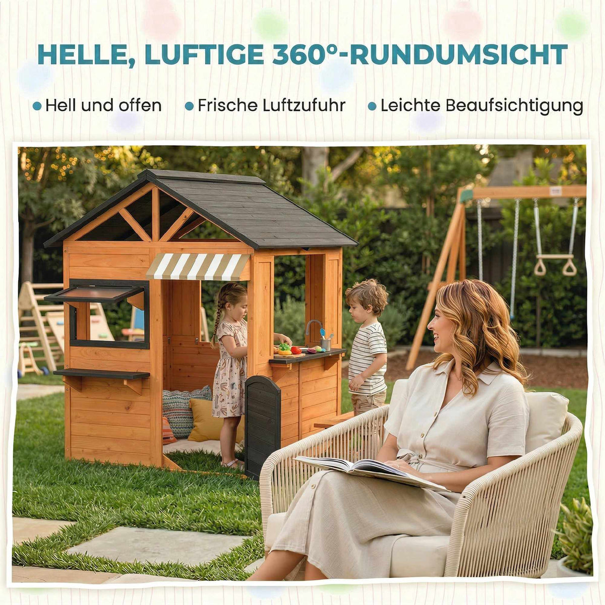 Trälekstuga utomhus med kök och bänk för barn