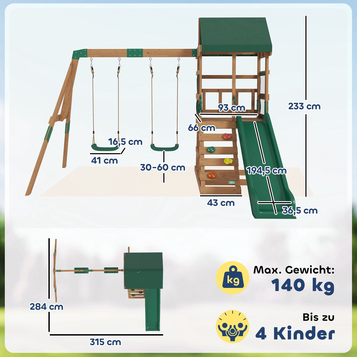 Trälektorn med rutschkana, gungor och klättervägg för barn