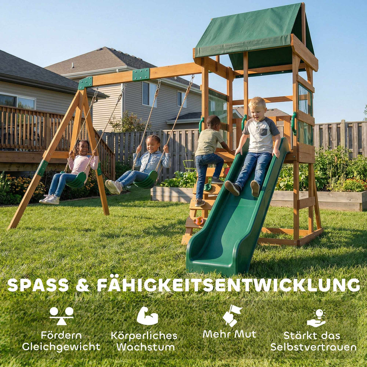 Trälektorn med rutschkana, gungor och klättervägg för barn