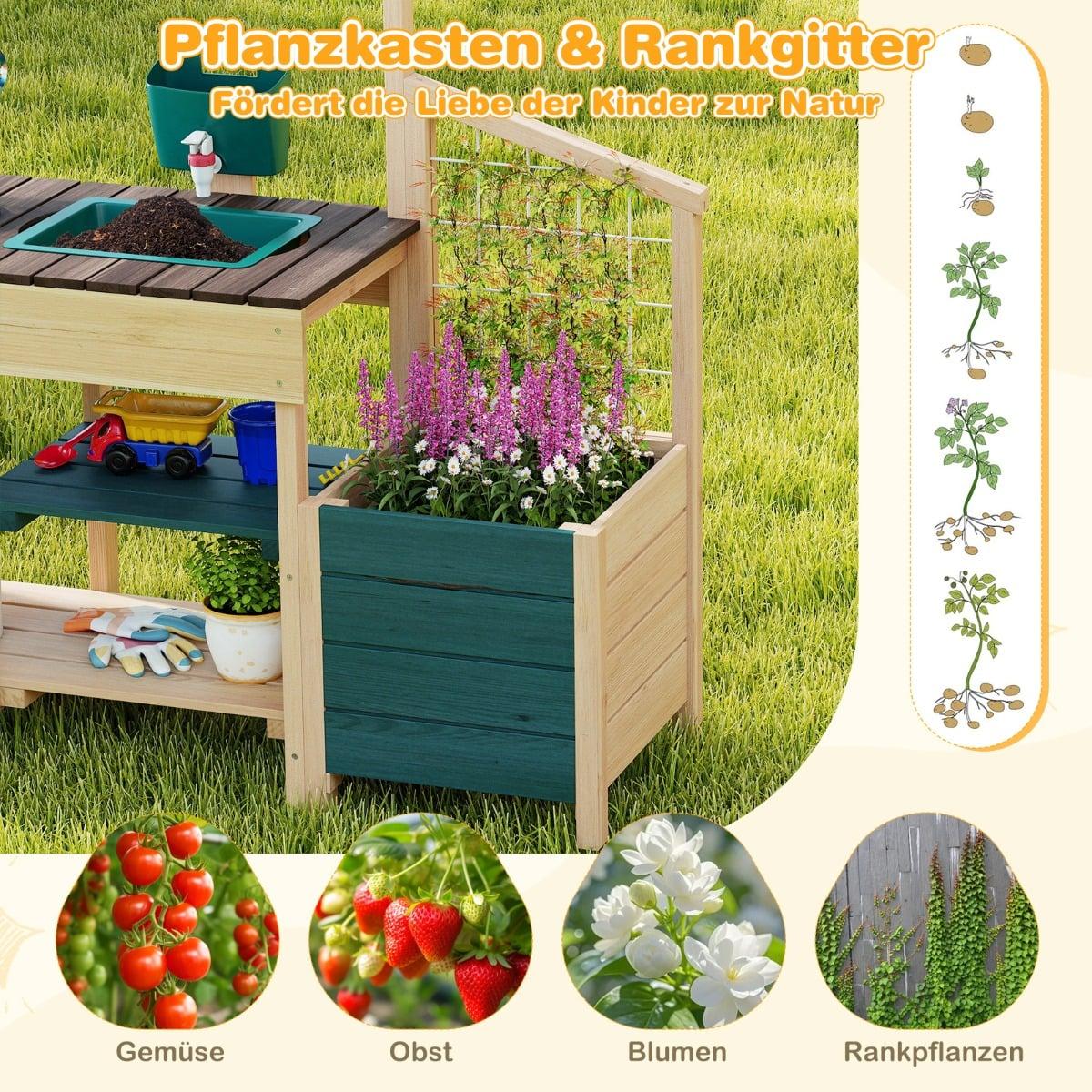 Utomhuslekkök i trä med diskho och blomlåda