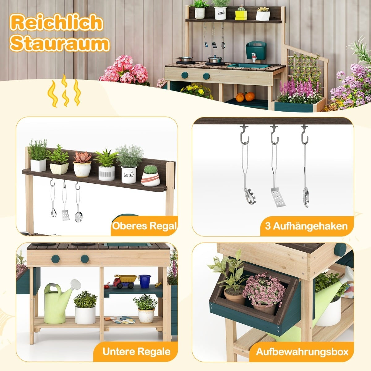 Utomhuslekkök i trä med diskho och blomlåda