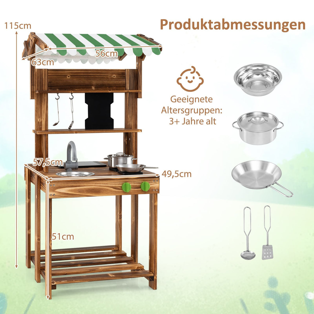 Utomhuslekkök i trä med diskho och svart tavla