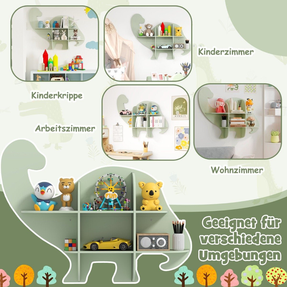 Väggbokhylla för barn med 2 hyllor och 6 öppna fack, dinosaurie-barnhylla i trä