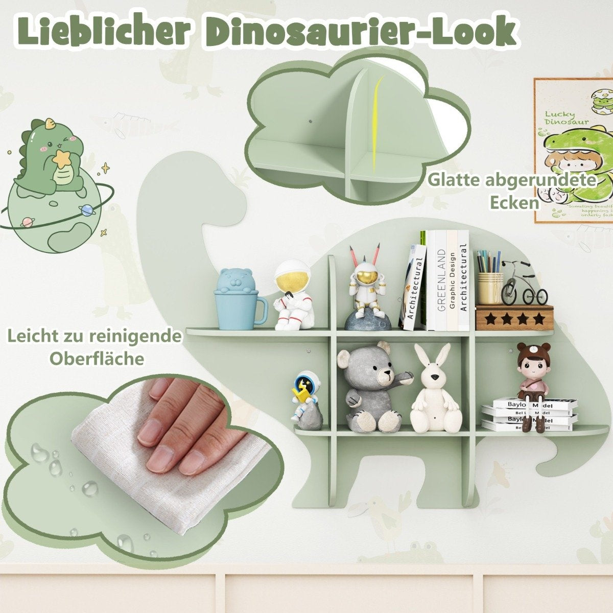 Väggbokhylla för barn med 2 hyllor och 6 öppna fack, dinosaurie-barnhylla i trä