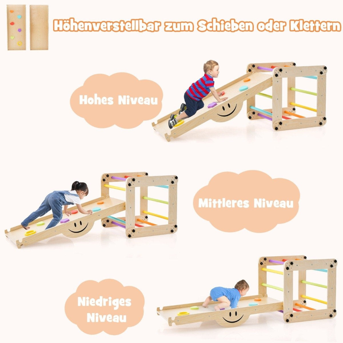 Vikbara träklättrarleksaker med justerbar och vändbar Montessori-klättringssats