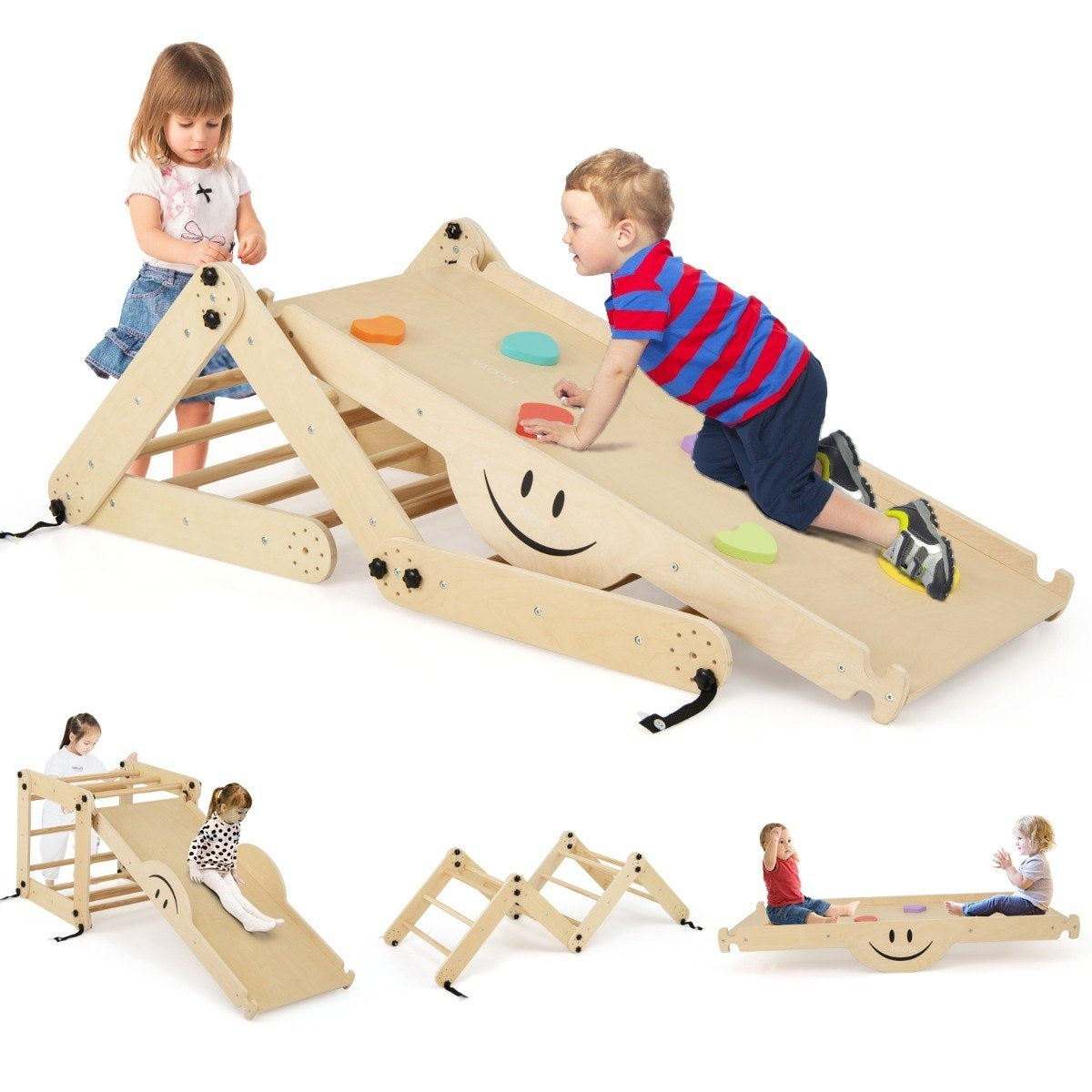 Vikbara träklättrarleksaker med justerbar och vändbar ramp Montessori-klättringsset Natural