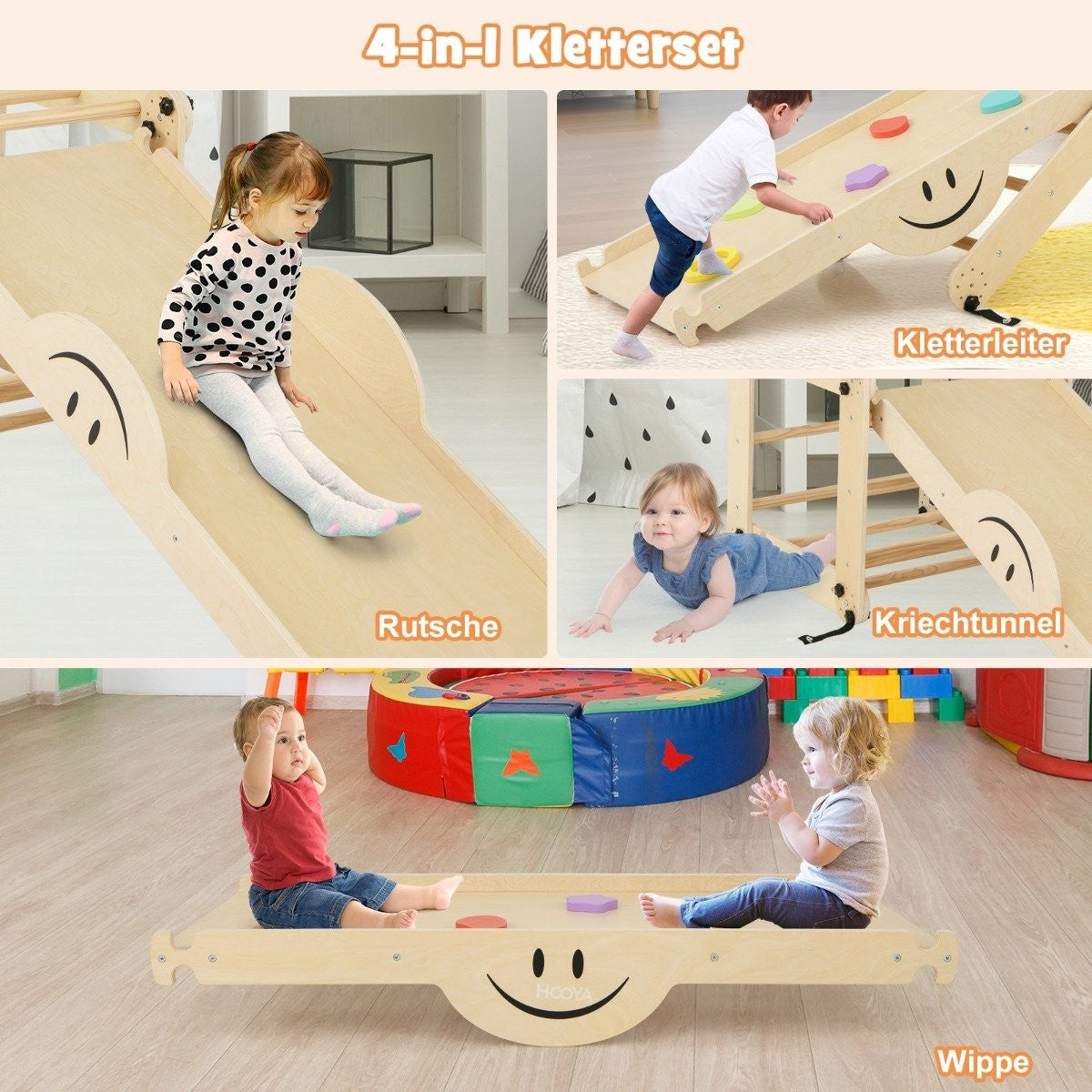 Vikbara träklättrarleksaker med justerbar och vändbar ramp Montessori-klättringsset Natural