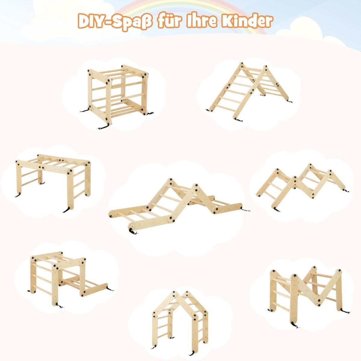 Vikbara träklättrarleksaker med justerbar och vändbar ramp Montessori-klättringsset Natural