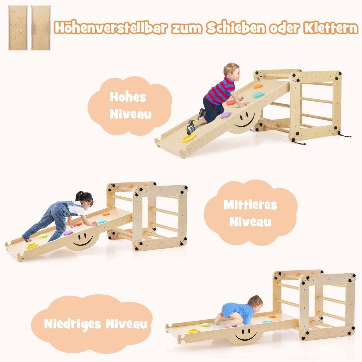 Vikbara träklättrarleksaker med justerbar och vändbar ramp Montessori-klättringsset Natural
