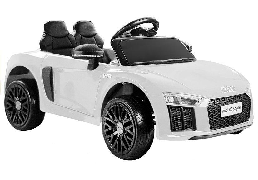 Hvid Audi R8 Spyder el-kørebil med musikpanel 