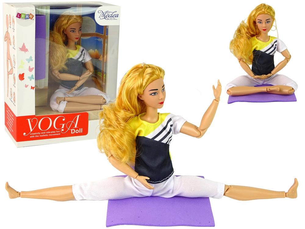 Yogadukke med langt blondt hår og mini treningsmatte